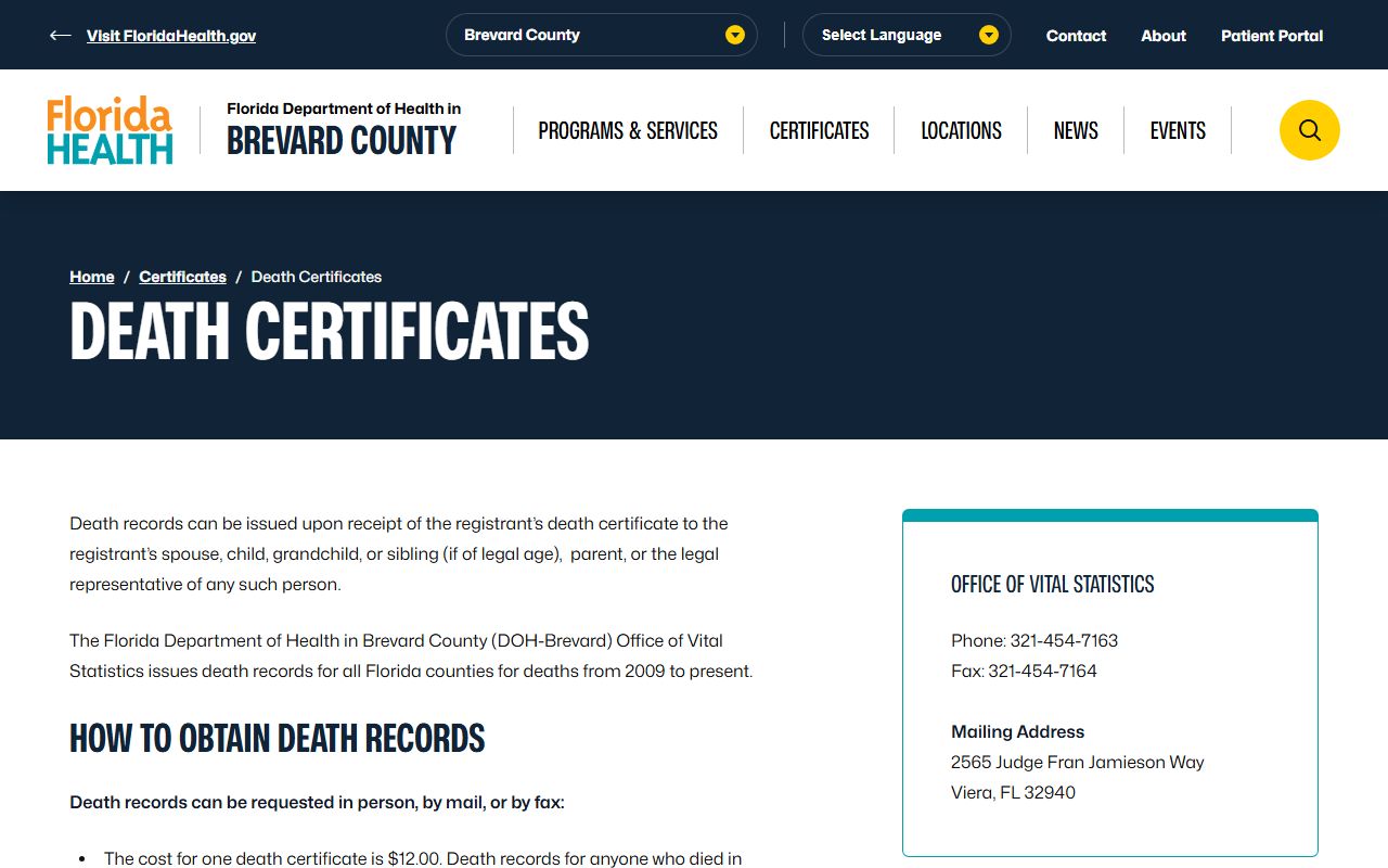 Brevard County Health Department death certificates office in Viera Florida
