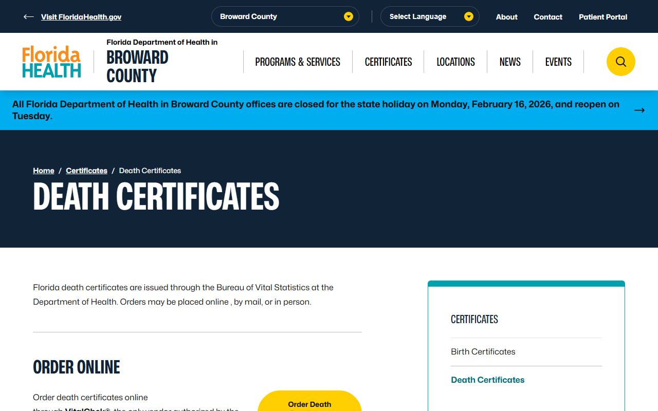 Broward County Health Department death certificates office in Fort Lauderdale Florida