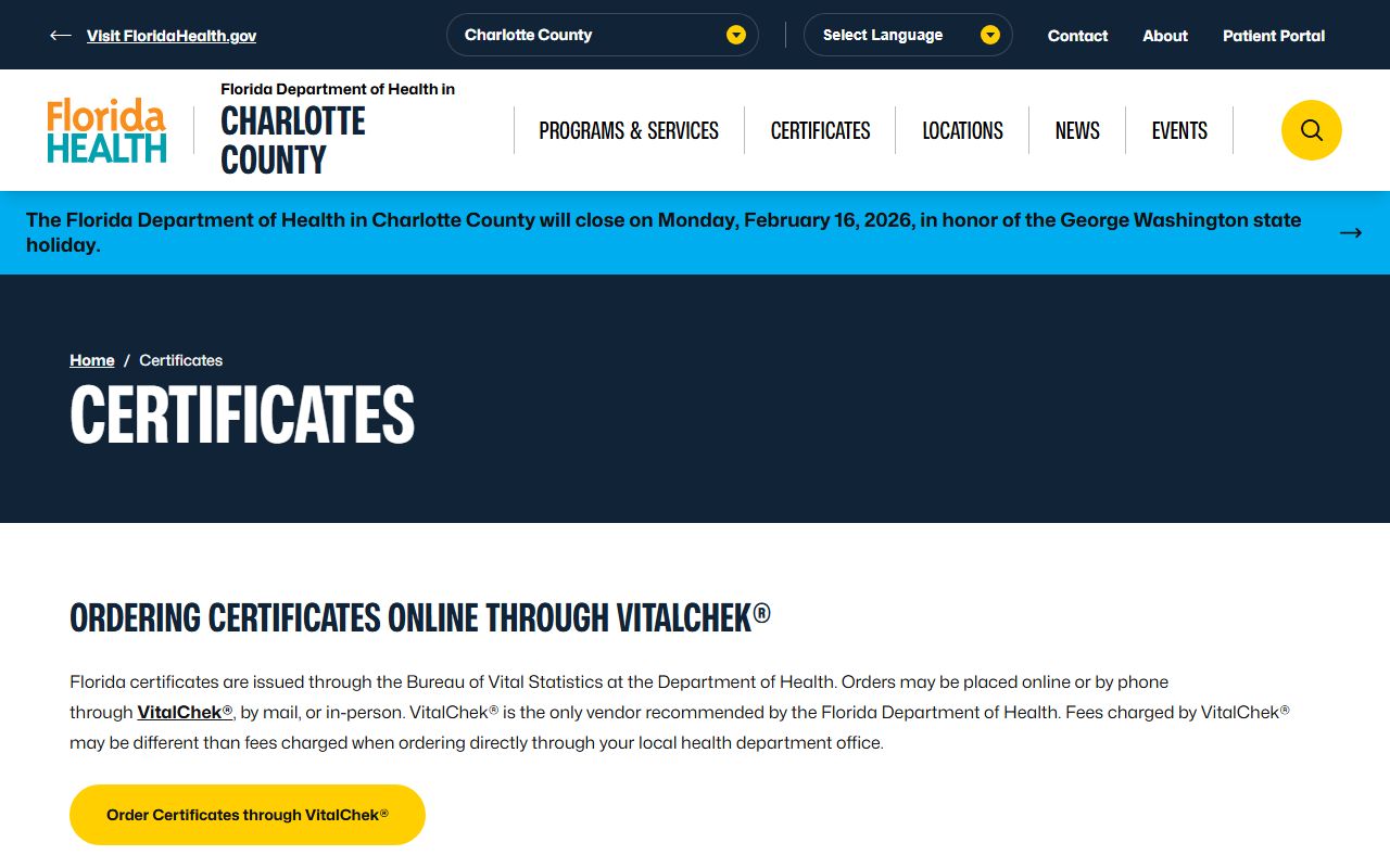 Charlotte County Health Department certificates office in Port Charlotte Florida