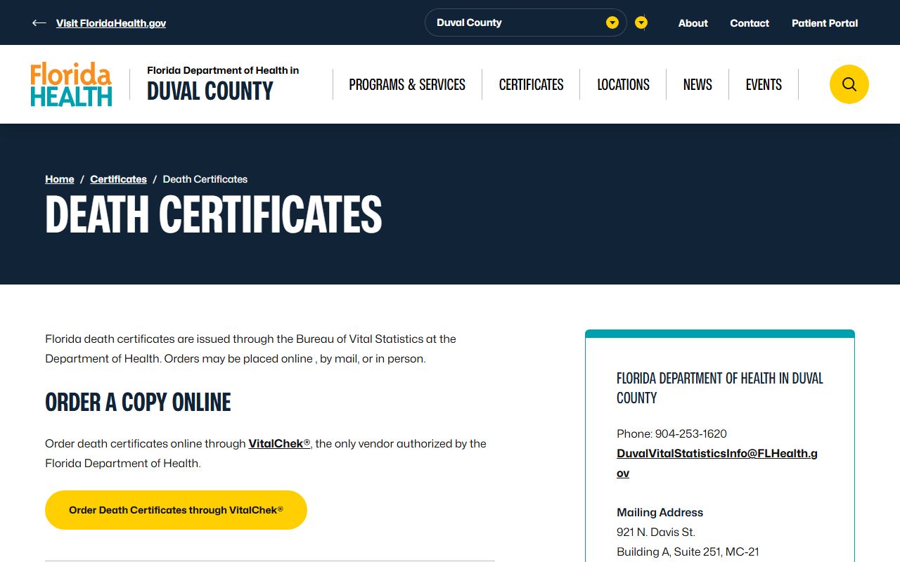 Duval County Health Department Vital Statistics office in Jacksonville Florida