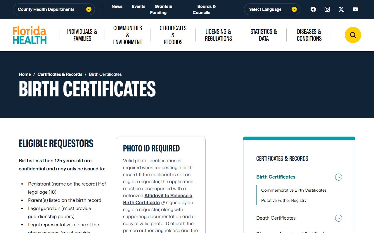 Florida Department of Health birth certificates page showing related vital records services