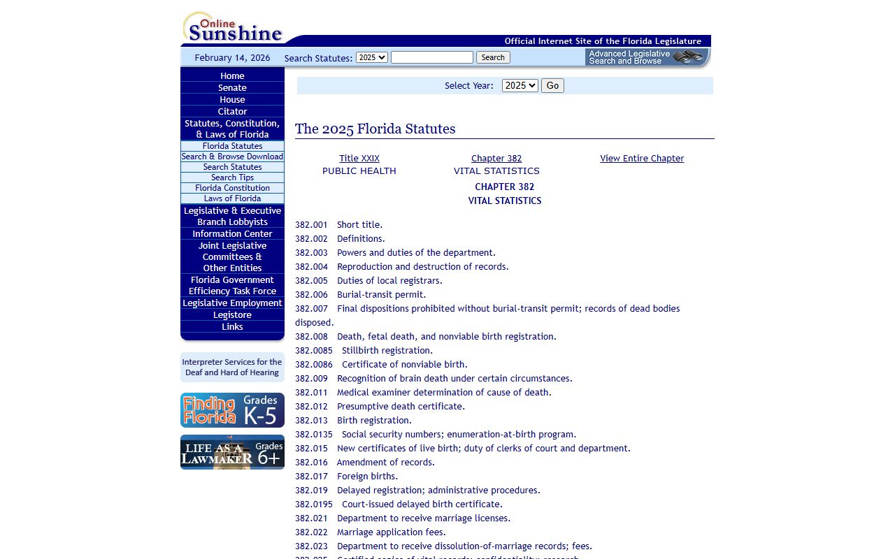 Florida Statutes Chapter 382 governing vital records and death certificates