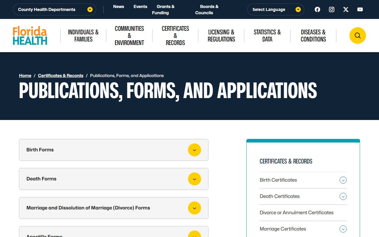 Florida Department of Health forms and applications for death records