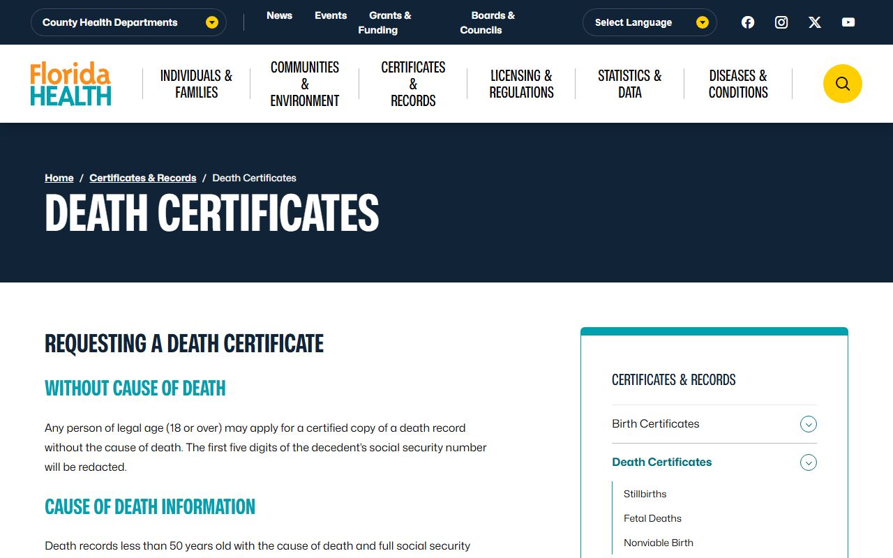 Florida Department of Health death certificates page showing Florida death index information