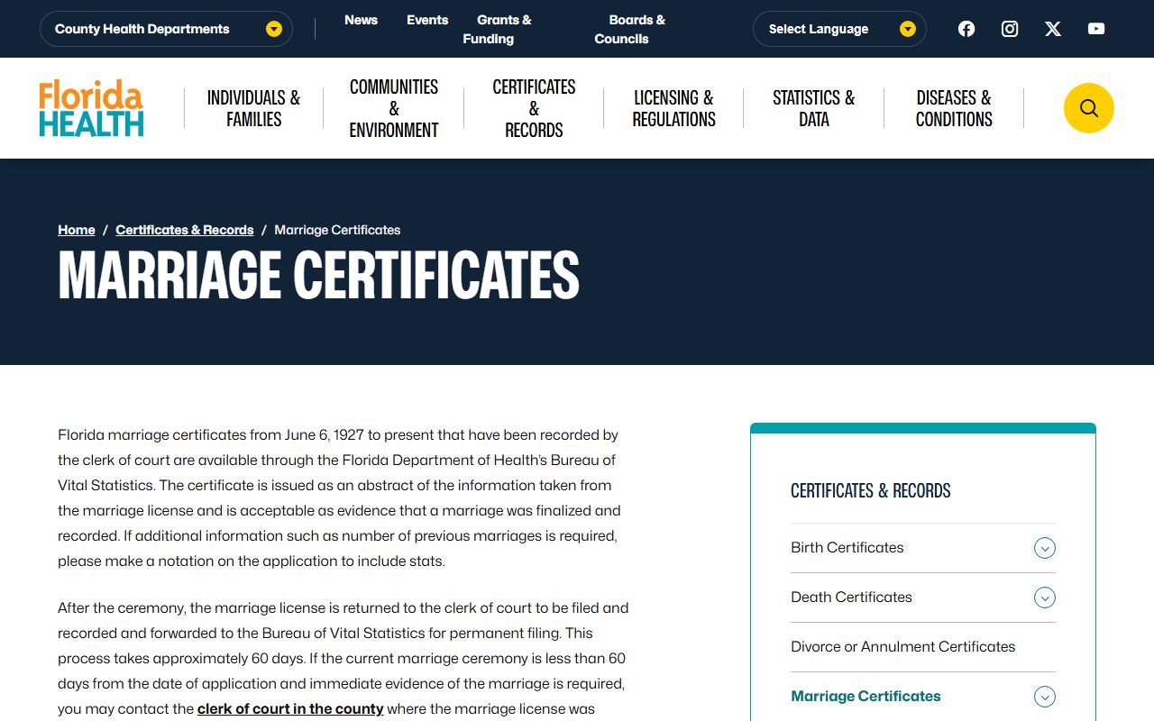 Florida Department of Health marriage certificates page showing additional vital records for research